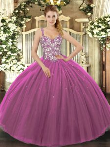 Purple Sleeveless Beading and Appliques Floor Length Ball Gown Prom Dress
