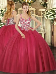Hot Selling Coral Red Ball Gowns Beading and Appliques Vestidos de Quinceanera Lace Up Tulle Sleeveless Floor Length