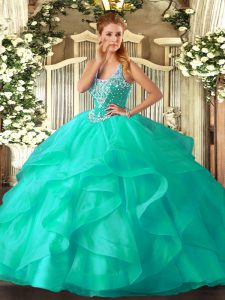 Straps Sleeveless 15 Quinceanera Dress Floor Length Beading and Ruffles Turquoise Tulle