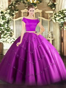 Fuchsia Zipper 15th Birthday Dress Appliques Short Sleeves Floor Length