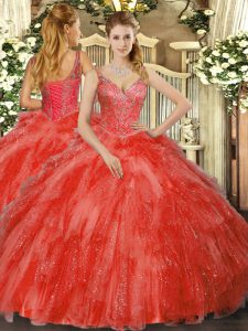 Dramatic Red V-neck Neckline Beading and Ruffles Quinceanera Gown Sleeveless Lace Up