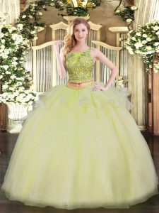 Sleeveless Floor Length Beading Lace Up Quinceanera Dresses with Yellow