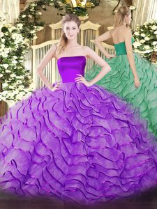 Eggplant Purple Zipper Strapless Ruffles Quinceanera Gowns Tulle Sleeveless Brush Train