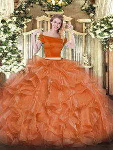 Noble Orange Red Two Pieces Organza Off The Shoulder Short Sleeves Appliques and Ruffles Floor Length Zipper Sweet 16 Dresses