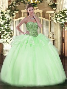 Noble Apple Green Tulle Lace Up Quinceanera Gowns Sleeveless Floor Length Beading and Ruffles