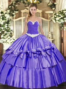 Sleeveless Organza and Taffeta Floor Length Lace Up Quinceanera Gown in Lavender with Appliques and Ruffled Layers