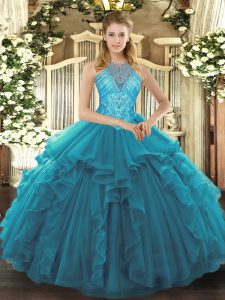 Sleeveless Organza Asymmetrical Lace Up Vestidos de Quinceanera in Teal with Beading and Ruffles