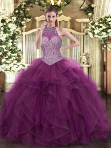 Burgundy Tulle Lace Up Sweet 16 Quinceanera Dress Sleeveless Floor Length Beading