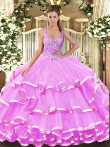 Trendy Lilac Ball Gowns Straps Sleeveless Organza Floor Length Lace Up Beading and Ruffled Layers Quinceanera Gown