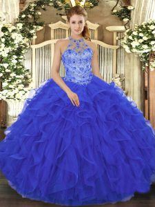 Unique Halter Top Sleeveless Ball Gown Prom Dress Floor Length Beading and Embroidery and Ruffles Royal Blue Organza