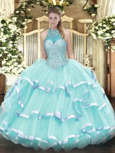 Apple Green Ball Gowns Beading and Ruffled Layers Quince Ball Gowns Lace Up Organza Sleeveless Floor Length