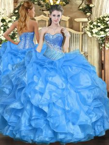 Sweetheart Sleeveless Quinceanera Dress Floor Length Beading and Ruffles Baby Blue Organza