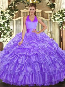 Beautiful Lavender Ball Gowns Organza Halter Top Sleeveless Ruffled Layers and Pick Ups Floor Length Lace Up 15th Birthday Dress