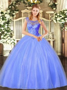 Fashionable Blue Tulle Lace Up Scoop Sleeveless Floor Length Quinceanera Dress Beading