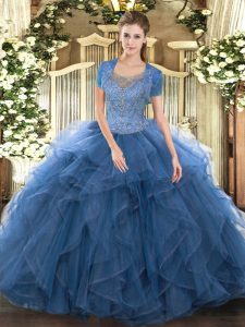 Teal Ball Gowns Beading and Ruffled Layers 15 Quinceanera Dress Clasp Handle Tulle Sleeveless Floor Length