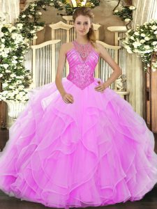 Amazing Ball Gowns Vestidos de Quinceanera Rose Pink High-neck Organza Sleeveless Floor Length Lace Up