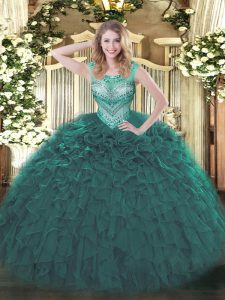 Unique Organza Scoop Sleeveless Lace Up Beading and Ruffles Vestidos de Quinceanera in Teal