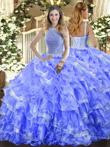 Blue Ball Gowns Organza High-neck Sleeveless Beading and Ruffled Layers Floor Length Lace Up Ball Gown Prom Dress