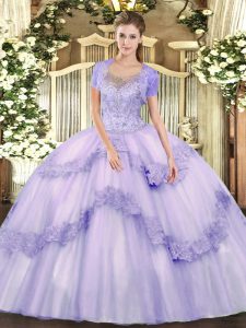 Superior Lavender Tulle Clasp Handle Scoop Sleeveless Floor Length Quinceanera Dress Beading and Appliques