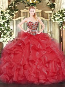 Ideal Coral Red Organza Lace Up Sweetheart Sleeveless Floor Length Quinceanera Dresses Beading