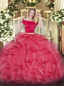 Clearance Coral Red Off The Shoulder Neckline Appliques and Ruffles Sweet 16 Quinceanera Dress Short Sleeves Zipper