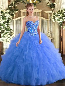 Custom Design Embroidery and Ruffles Quinceanera Dress Blue Lace Up Sleeveless Floor Length