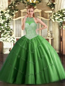 Green 15 Quinceanera Dress Military Ball and Sweet 16 and Quinceanera with Beading and Appliques Halter Top Sleeveless Lace Up