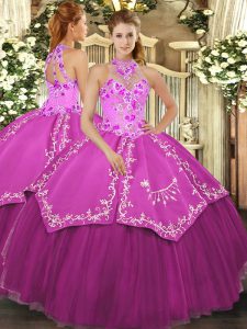 Most Popular Sleeveless Floor Length Beading and Embroidery Lace Up Sweet 16 Dress with Fuchsia