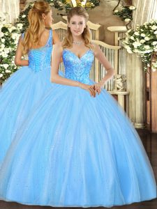 Aqua Blue Ball Gowns Beading Quinceanera Dresses Lace Up Tulle Sleeveless Floor Length