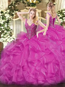 Fuchsia Long Sleeves Floor Length Beading and Ruffles Lace Up Quinceanera Dress