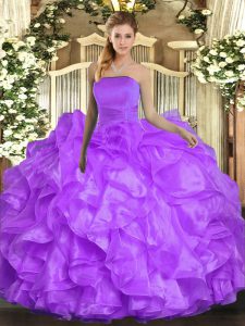 Amazing Strapless Sleeveless Vestidos de Quinceanera Floor Length Ruffles Lavender Organza