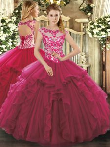 Fuchsia Sleeveless Floor Length Beading and Ruffles Lace Up Quinceanera Gown