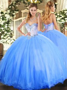 Admirable Baby Blue Sleeveless Beading Floor Length Quinceanera Gown