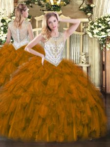 Amazing Brown Sleeveless Beading and Ruffles Floor Length Quinceanera Gown