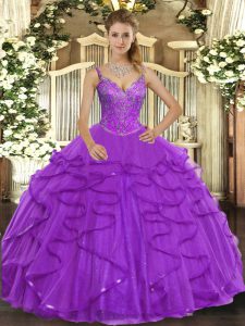 Glorious Eggplant Purple V-neck Lace Up Beading and Ruffles Quinceanera Gowns Sleeveless