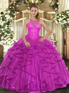Fabulous Fuchsia High-neck Neckline Beading and Ruffles Sweet 16 Dress Sleeveless Lace Up
