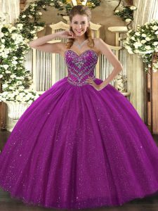 Fuchsia Lace Lace Up Sweetheart Sleeveless Floor Length Quinceanera Dress Beading