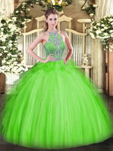 Halter Top Sleeveless Tulle Quince Ball Gowns Beading and Ruffles Lace Up