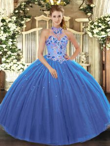 Blue Lace Up Halter Top Embroidery Quince Ball Gowns Tulle Sleeveless