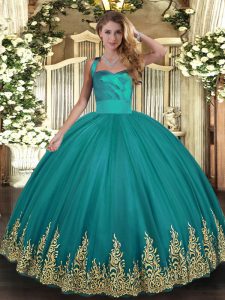 Tulle Halter Top Sleeveless Lace Up Appliques Sweet 16 Dresses in Turquoise