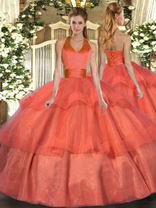 Orange Red Ball Gowns Ruffled Layers Quinceanera Dresses Lace Up Tulle Sleeveless Floor Length