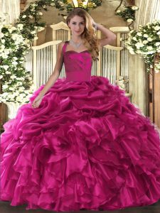 Fitting Halter Top Sleeveless Quinceanera Dress Floor Length Ruffles and Pick Ups Hot Pink Organza