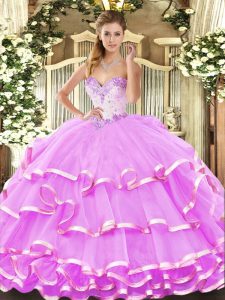 Free and Easy Lilac Ball Gowns Beading and Ruffled Layers Quinceanera Dresses Lace Up Organza Sleeveless Floor Length