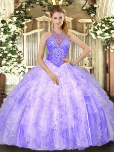 Sleeveless Beading and Ruffles Lace Up Quince Ball Gowns
