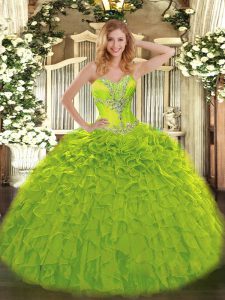 Floor Length Lace Up Sweet 16 Dress Olive Green for Sweet 16 and Quinceanera with Beading and Ruffles