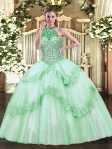 Apple Green Sleeveless Floor Length Beading and Appliques Lace Up Quinceanera Gowns