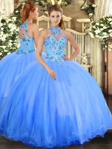 Sleeveless Floor Length Embroidery Lace Up Ball Gown Prom Dress with Blue