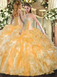 Pretty Gold Sleeveless Beading and Ruffles Floor Length 15 Quinceanera Dress