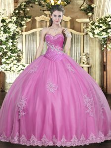 Elegant Rose Pink Ball Gowns Sweetheart Sleeveless Tulle Floor Length Lace Up Beading and Appliques Quinceanera Dresses