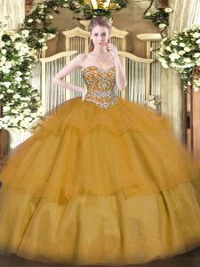 Admirable Floor Length Lace Up Quinceanera Gowns Brown for Military Ball and Sweet 16 and Quinceanera with Beading and Ruffled Layers